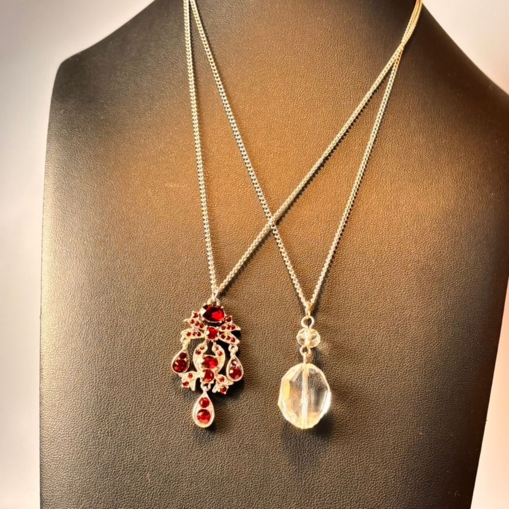 Monet Necklace Set Red Crystal Chandelier Clear Bead Silver Tone Statement Goth